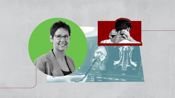 A composite image showing three elements: Mary Jo Pugh in a circular frame against a green background, facing forward and smiling; a person in a red‑bordered square frame, seen from behind with hands on their neck; and a background of medical imaging featuring a brain scan and spine on a computer screen.