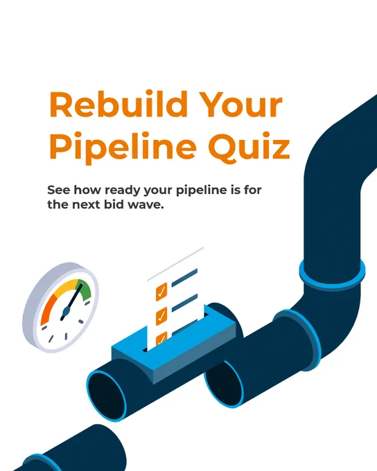 Image showing a graphic with text that says "Rebuild Your Pipeline Quiz" and "See how ready your pipeline is for the next bid wave." It features a stylized pipeline with a checklist and a gauge displaying levels.