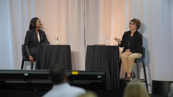 Two individuals are seated on a stage, each at a small table with a water glass. They appear to be engaged in a discussion or interview. An audience is visible in the foreground. The setting is formal, with a curtain backdrop.