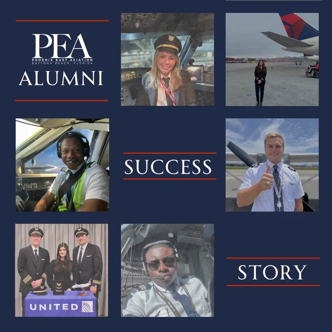 This image features a collage with six individual portraits of people in aviation settings, wearing pilot uniforms. The upper left corner has the logo for Phoenix East Aviation with "ALUMNI" beneath it, and the word "SUCCESS" is centered in the middle with "STORY" below it. The top right photo shows a person next to a Delta Air Lines plane, and the bottom left showcases three individuals with a United Airlines banner.