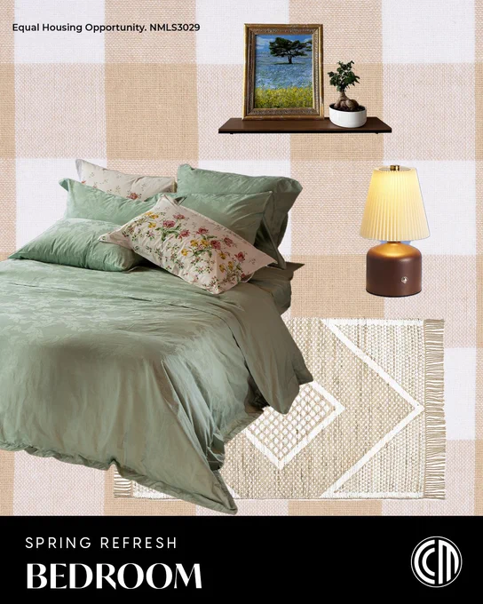 Spring home refresh bedroom with sage green bedding, patterned pillows, textured rug, and soft lighting for a cozy seasonal update.
