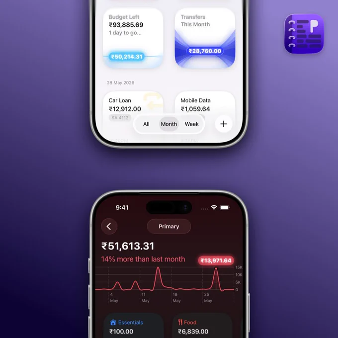 Two iPhones, stacked vertically, showing sneak peaks of Pockity’s new UI shipping later this year. The top iPhone shows the bottom part of the UI in light mode, whereas the bottom iPhone shows the top part of a different UI in dark mode.
