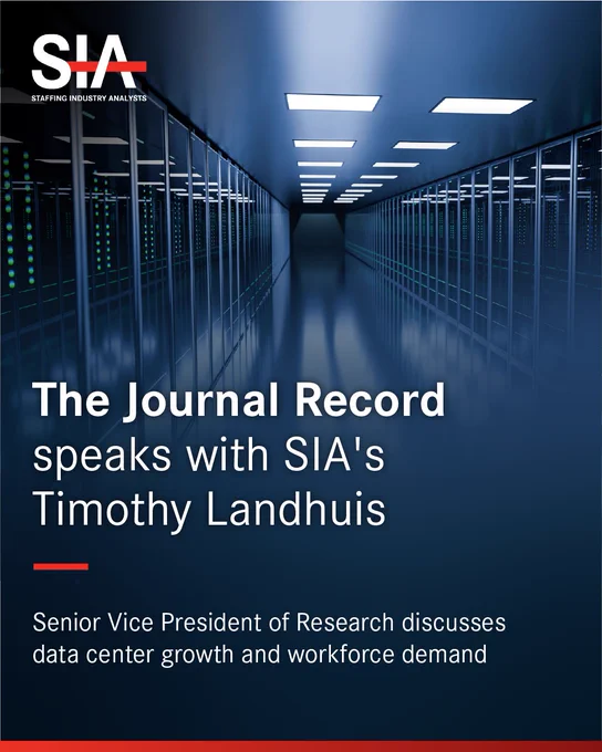 As investment in data centers accelerates across the US, the industry is creating new demand for workers and staffing services.

Staffing Industry Analysts (SIA) Senior Vice President of Research Timothy Landhuis discussed these workforce implications with The Journal Record in Oklahoma, drawing on insights from SIA's latest US Staffing Industry Forecast.

“With the amount of investment in data centers right now, we think that that’s definitely a growth area for jobs and for temporary staffing firms,” Landhuis said.
