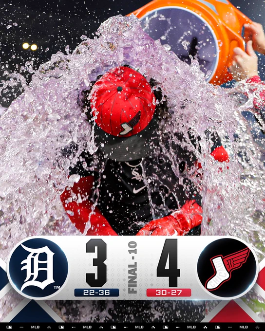 Final Score Graphic 5/29/26
Final - 10
Detroit Tigers 3 (22-36) - Chicago White Sox 4 (30-27)
Pictured: Miguel Vargas is showered with water after his walk-off homer. He wears a black White Sox shirt with a red City Connect cap and red arm sleeves.