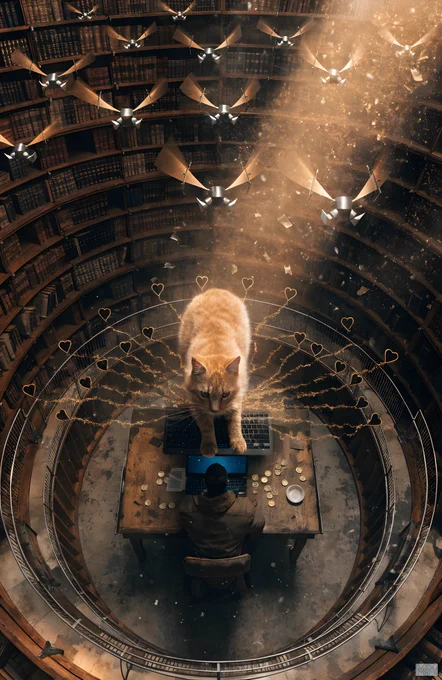A large orange cat stands on a laptop keyboard on a wooden table. A person sits at the table, facing the laptop, surrounded by scattered coins and papers. The scene is set in a circular library with tall shelves filled with books. Several mechanical flying devices with wings are visible above, amidst floating particles and papers. Golden heart shapes and lines radiate from the cat.