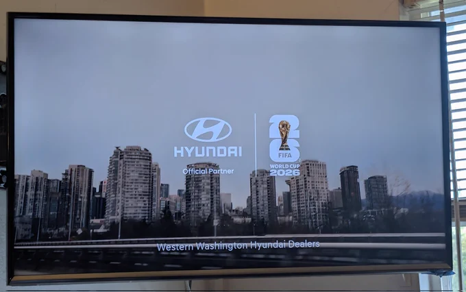 Screenshot of a Hyundai ad, asking the viewer to visit your Western Washington Dealer.  The background is of Vancouver, BC, Canada. 