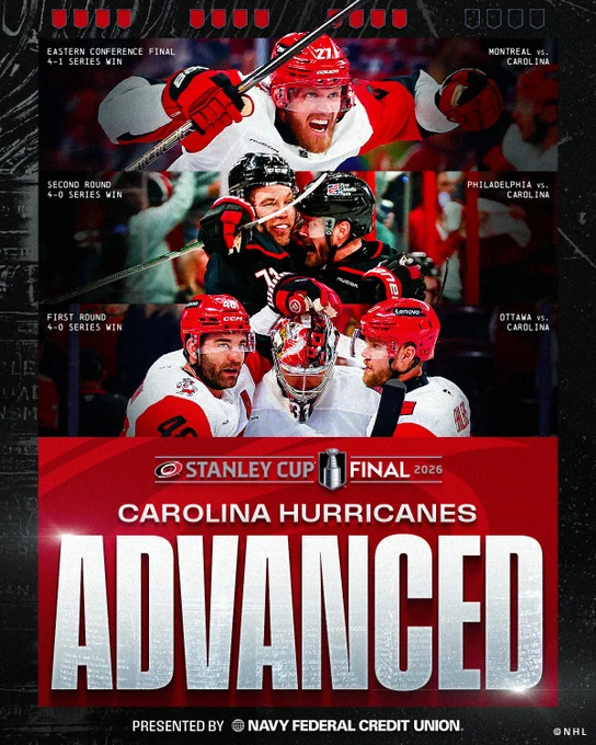 Top: Three photos split evenly of various Carolina Hurricanes players celebrating wins with white text on photos reading, \n\n\"Eastern Conference Final 4-1 Series win, Montreal vs Carolina\"\n\"Second Round 4-0 Series win, Philadelphia vs Carolina\"\n\"First Round 4-0 Series win, Ottawa vs Carolina\"\n\nBottom: Large white text on a red background reading, \"Carolina Hurricanes Advanced, presented by Navy Federal Credit Union\" 