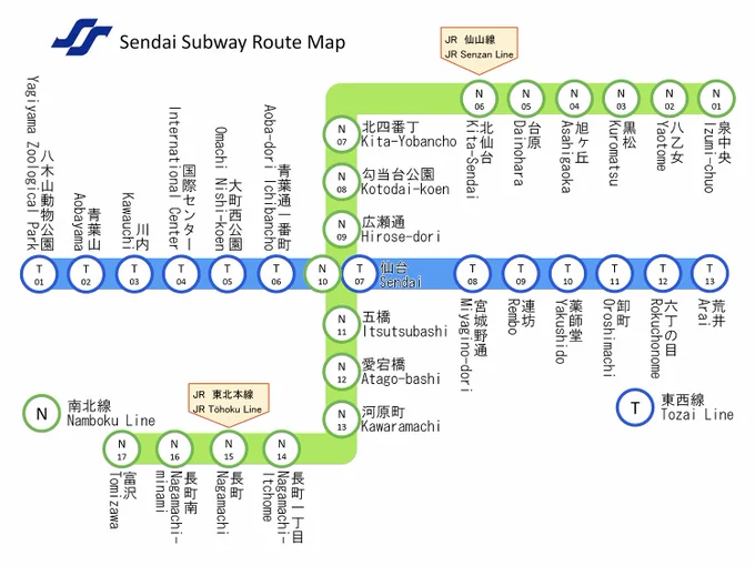SendaiSubway, a 2 line, 30 station network serving the city of Sendai in Miyagi Prefecture, Japan.

As of 2010, it has an annual ridership of 54 million and a daily ridership of 150,000.