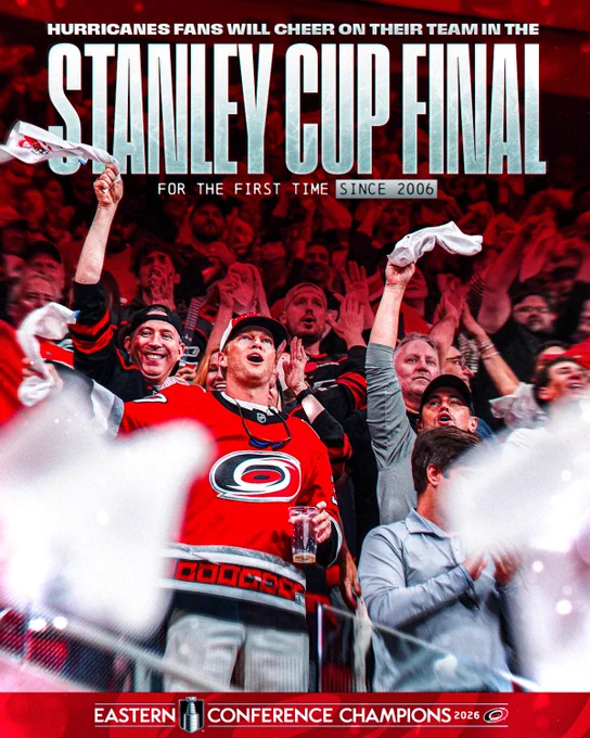 Top: White text reading, \"Hurricanes fans will cheer on their team in the Stanley Cup final for the first time since 2006\"\n\nMain: Photo of multiple Carolina Hurricanes fans celebrating