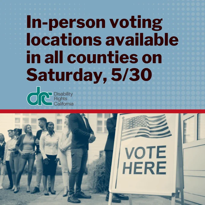 Text: In-person voting locations available in all counties on Saturday, 5/30. Yellow and blue filtered photo below of inside a vote center with several voting booths and people stationed at several of them. There are dividers between each voting booth. In the center is a close up of an American flag and text: VOTE on one side of a divider.