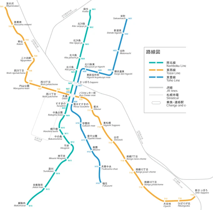 Sapporo City Subway, a 3 line, 46 station network serving the city of Sapporo in Hokkaido Prefecture, Japan.

As of 2024, it has an annual ridership of 217 million and a daily ridership of 630,000.