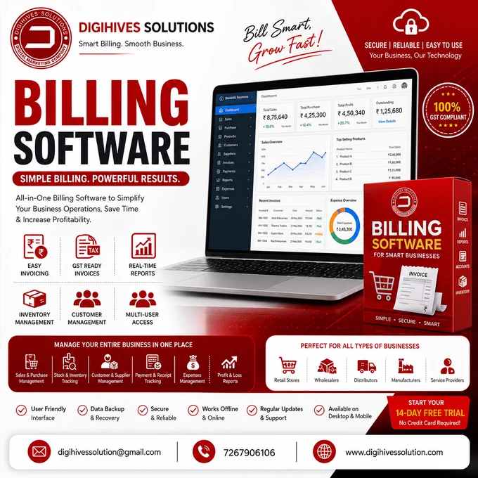 🧾💻 Smart Billing Software for Smart Businesses! 🚀

Powered by Digihives Solutions ✅

🌐 Best Digital Marketing Company in Varanasi
📈 SEO Company | Social Media Marketing Agency | Billing Software Solutions

✨ Simplify Your Business Operations with Advanced Billing Software

✔️ Fast & Easy Invoice Generation
✔️ GST Billing Support
✔️ Inventory Management
✔️ Sales & Purchase Tracking
✔️ Customer Management
✔️ Real-Time Business Reports
✔️ Secure & User-Friendly Interface

📊 Manage Your Business Efficiently & Grow with Confidence!

📞 Connect With Us Today!
📲 072679 06106
📩 digihivessolution@gmail.com
🌐 Digihives Solutions Official Website

#DigihivesSolutions #BillingSoftware #GSTBillingSoftware #InvoiceSoftware #BusinessManagement #RetailSoftware #InventoryManagement #AccountingSoftware #DigitalSolutions #BusinessGrowth #SoftwareDevelopment #Varanasi #DigitalMarketing #SmartBusiness #Automation #BillingSystem #BusinessSoftware #GSTInvoice #RetailBusiness #POSSoftware
