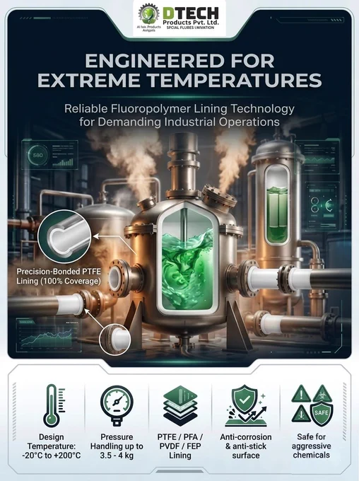 🌡️ Engineered for Extreme Temperatures. Built for Corrosive Environments.

When process reliability matters, material selection makes all the difference.

Our advanced fluoropolymer-lined solutions are designed to withstand aggressive chemicals, demanding temperatures, and challenging industrial conditions while delivering long-term performance and operational safety.

PTFE / PFA / FEP / PVDF Lining

Excellent Corrosion Resistance

Non-Stick & Low Friction Surface

Leak-Proof Performance

Reliable Operation in Critical Applications

Designed for Chemical & Process Industries

At DTECH Products Pvt. Ltd., we continue to support industries with high-performance fluoropolymer-lined equipment engineered for durability, safety, and efficiency.

🌐 www.dtplproducts.com

 📧 inquiry@dtplproducts.com

 📞  91-968-761-5806

📩 Connect with us to discuss your process requirements and explore customized solutions.

#Fluoropolymer #PTFE #PFA #PVDF #FEP #CorrosionResistance #ChemicalProcessing #Pr