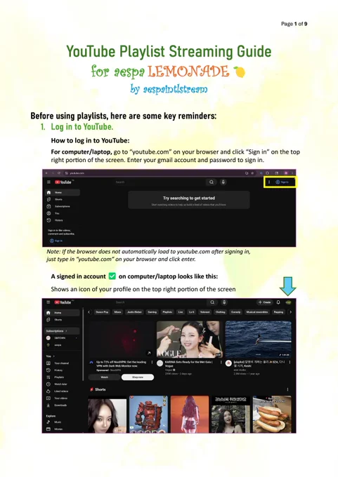 Page 1 of 9 of YouTube Playlist Streaming Guide for aespa Lemonade by aespaintlstream