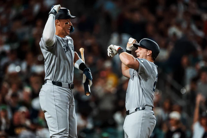 Aaron Judge and Ben Rice celebrate after Rice’s Homer.