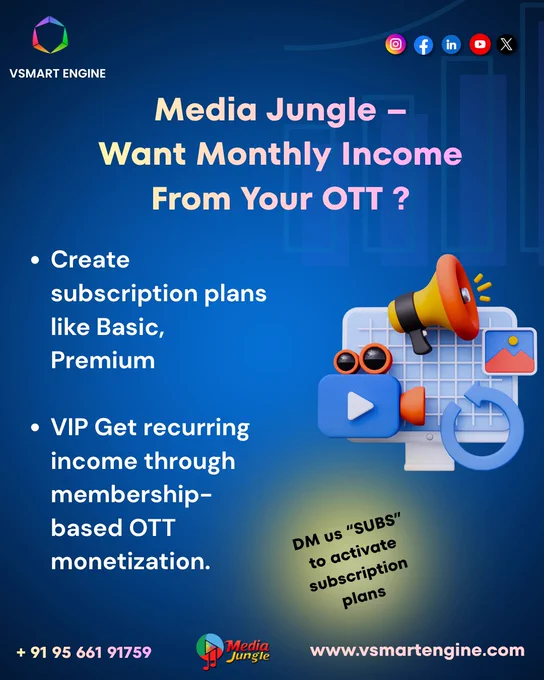 Launch Basic & Premium subscription plans and earn recurring revenue with Media Jungle 🎬💰

📩 DM “SUBS” to activate now
📞  91 95 661 91759
🌐 vsmartengine.com