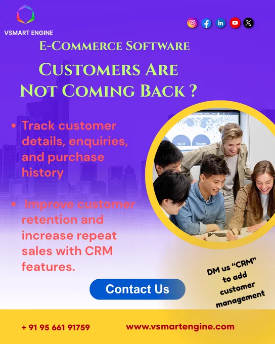 Boost repeat sales with smart CRM & customer tracking 🚀

✔ Track enquiries & purchase history
✔ Improve customer retention
✔ Increase repeat orders effortlessly

📩 DM “CRM” to get started
📞  91 95 661 91759
🌐 www.vsmartengine.com