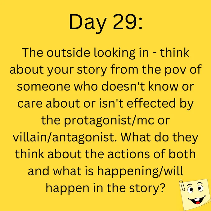 Day 29: 

The outside looking in- think about your story from the pov of someone who doesn't know or care about or isn't effected by the protagonist/mc or villain/antagonist.  What do they think about the actions of both and what is happening/will happen in the story?