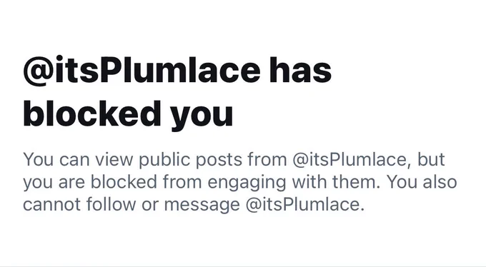 Screenshot showing @ Its Plumlace has blocked me