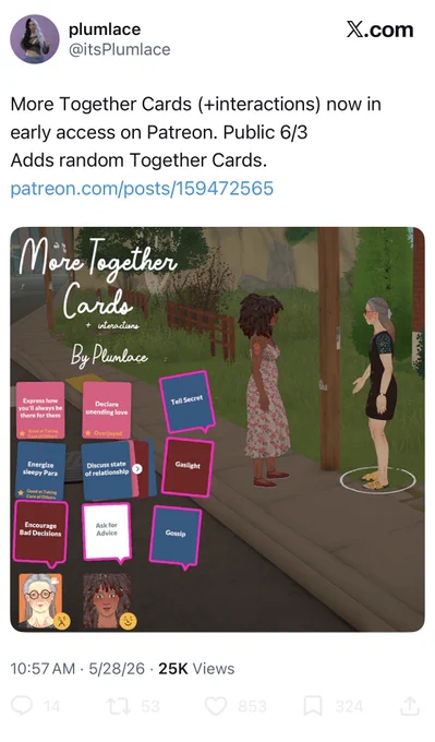 Plumlace’s More Together Cards ( interactions) mod in Early Access, set to release on June 6, 2026