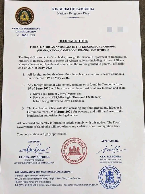 Cambodia 🇰🇭 Travel Alert⚠️

If you're from Ghana 🇬🇭 Kenya 🇰🇪  Cameroon 🇨🇲 Uganda 🇺🇬 and you're currently in Cambodia, your waiver ends tomorrow, May 31, 2026.

Adhere or face the full wrath of the law. 

Read up for more details. 

#Cambodia 
#Cambodiawaiver
#Nigeriantravelagency 
#visaconsultantinnigeria 
#studyabroadagency2026🎒🧳 
