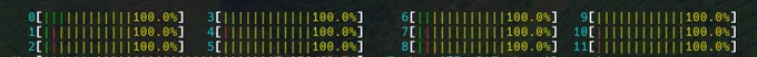 screenshot of htop showing 12 cores of a cpu maxed to 100% use