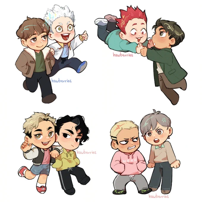 Four chibi drawings: 1) Hoshiumi jumping forward in the air with a manic grin; beside him, Hirugami glances over at him with a soft smile. 2) Tendou jumping at Ushijima, as though from a height; Ushijima earnestly has his arms out, ready to catch him. 3) Atsumu making the Black Jackals claw with one hand and leaning the other elbow obnoxiously on Sakusa, who tolerates it with an unimpressed facial expression. 4) Kyoutani hunched over and scowling aggressively at Yahaba, who appears to be stamping his foot with a righteously angry expression.