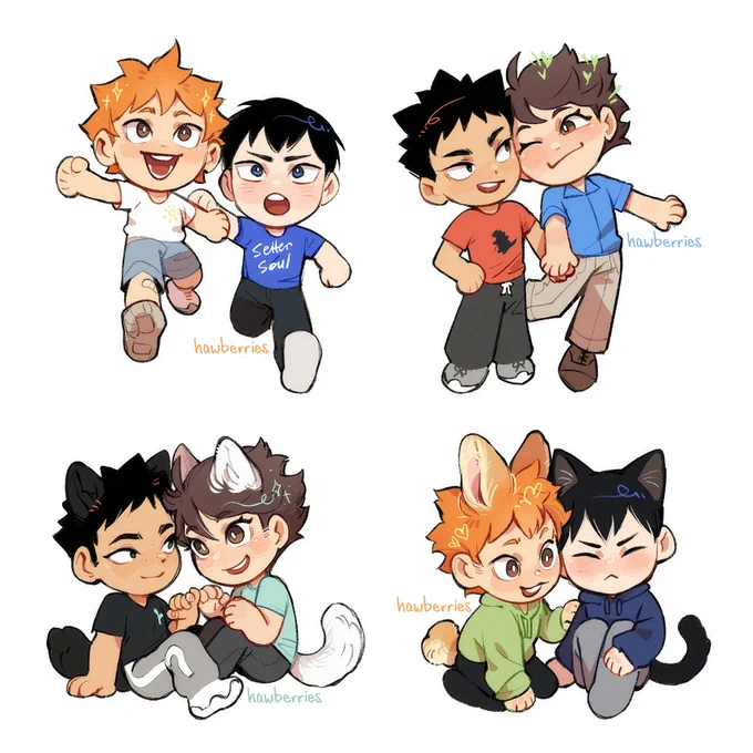 Four chibi drawings: 1) Hinata skipping cheerfully, Kageyama yelling up at him. 2) Iwaizumi and Oikawa holding hands; Oikawa is leaning against him with a big cheesy smile. 3) Iwaizumi and Oikawa sitting on the ground across from each other, both with fluffy wolf ears and tails, their pinkies linked in a private promise. 4) Hinata and Kageyama sitting on the ground, Hinata with stubby little bunny ears and a fluffy cottontail, happily nudging Kageyama who has black kitty ears and a bashfully scrunched up facial expression.