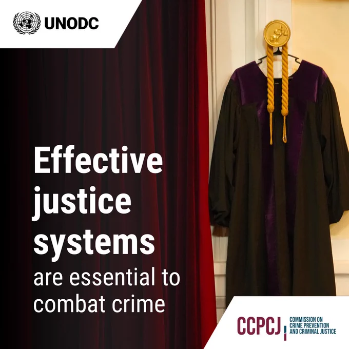 The graphic shows a judicial robe hanging beside a red curtain as well as the headline "Effective justice systems are essential to combat crime".