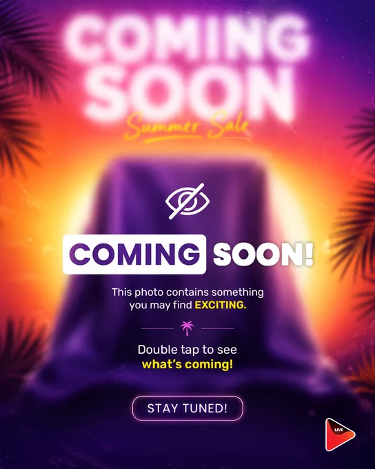 Bright tropical sunset background with blurred 'Coming Soon Summer Sale' text and a covered object inviting viewers to stay tuned.