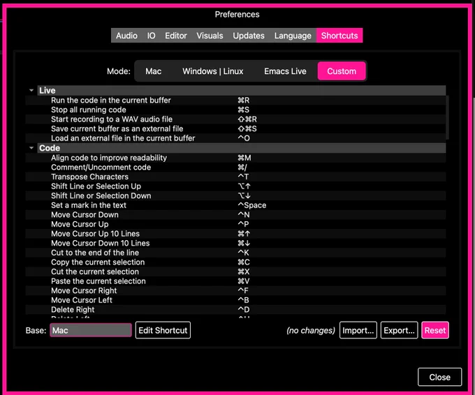 The new Sonic Pi shortcut editor. A list of shortcut descriptions and their assigned shortcut keys