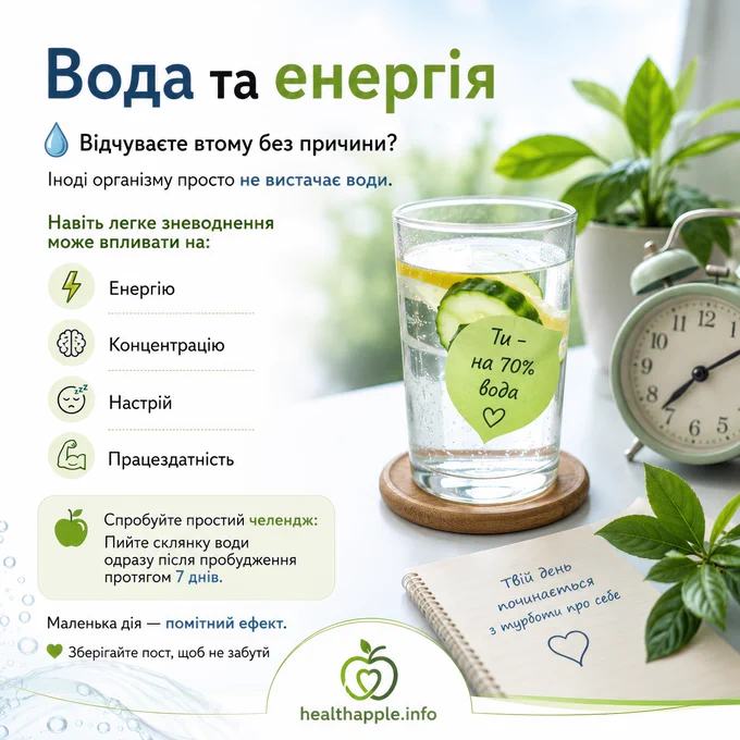Вода та енергія

💧 Відчуваєте втому без причини?

Іноді організму просто не вистачає води.

Навіть легке зневоднення може впливати на:

⚡ Енергію 🧠 Концентрацію 😴 Настрій 💪 Працездатність

Спробуйте простий челендж:

🍏 Пийте склянку води одразу після пробудження протягом 7 днів.

Маленька дія — помітний ефект.

Зберігайте пост, щоб не забути 💚

#вода #здоровя #енергія #wellness #healthtips #корисніпоради #HealthApple