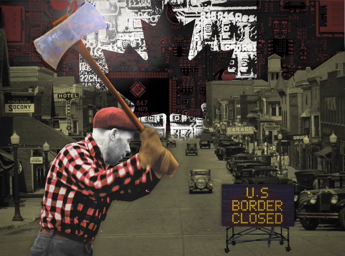 A turn-of-the-century Main Street, USA. Over the horizon looms a giant Canadian flag, made out of circuitry. In the foreground is a pixelboard sign reading 'U.S. BORDER CLOSED.' In the foreground looms a giant lumberjack, about to swing his axe into the sign.