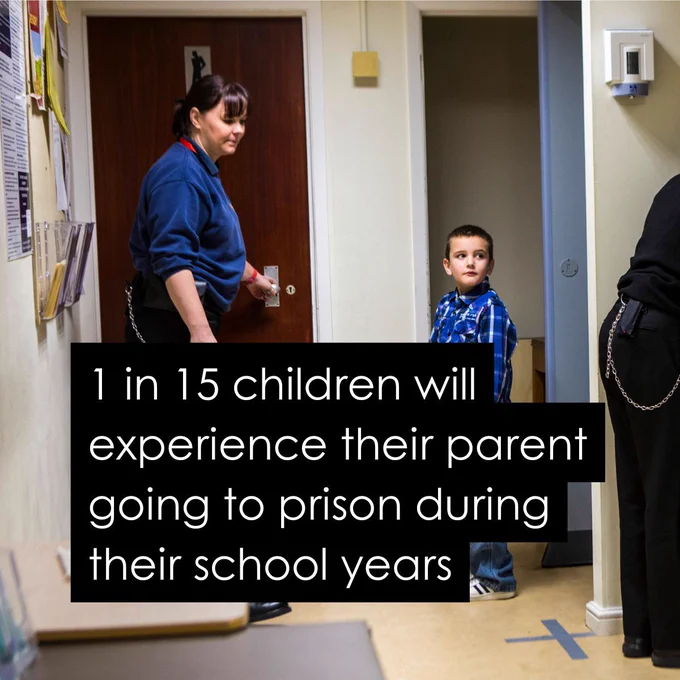Photo of a little boy going through prison security. Text reads '1 in 15 children will experience their parent going to prison during their school years'. The Pact logo is in the top right corner.
