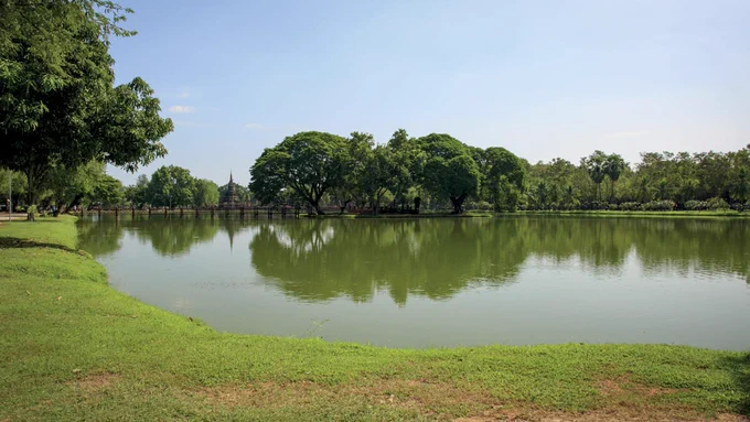 A serene park landscape featuring a large pond surrounded by lush green trees and grass. In the distance, trees line the horizon under a clear blue sky.