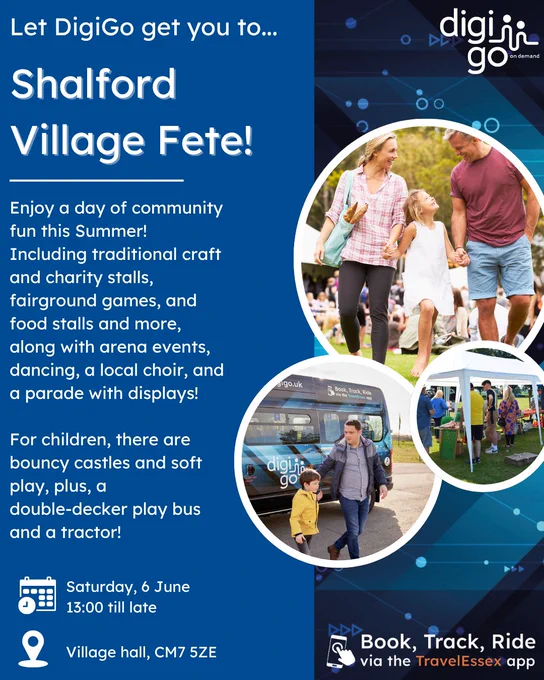 Promotional poster for Shalford Village Fete, advertising transport via DigiGo. Features family activities and event details.