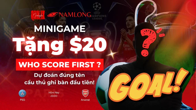 Minigame promoting a $20 prize predicts the first goal scorer in a match between PSG and Arsenal, with vibrant sports imagery.