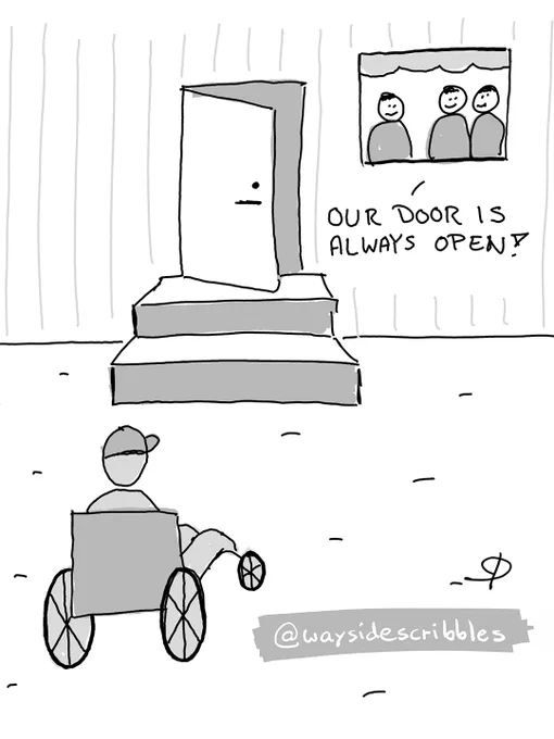 A black-and-white cartoon showing a wheelchair user facing a building with three high steps leading to an open door. Three people look out a window next to a speech bubble that reads: “OUR DOOR IS ALWAYS OPEN!”.
