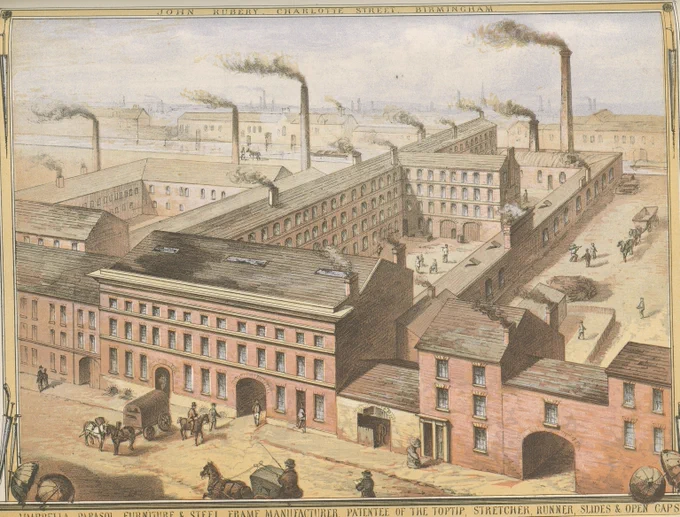 A colour illustration of a factory. A border around the illustration. Legend at the top of the border reads John Rubery, Charlotte Street, Birmingham. In the immediate foreground, the frontage of the factory looking out on to the highway traversed by pedestrians and horse drawn carriages. Behind the frontage, a series of work yards  - the largest is in the middle which is surrounded by out buildings. The courtyard on the left of this is part obscured by the size of the middle courtyard. The courtyard on the right is occupied by workers and a horse and cart. The background of the illustration is occupied by smoking chimney stacks and the outline of another factory in the far background. 