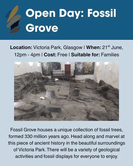 Graphic containing information regarding the event. Event Description: Fossil Grove houses a unique collection of fossil trees,
formed 330 million years ago. Head along and marvel at this piece of ancient history in the beautiful surroundings of Victoria Park. There will be a variety of geological activities and fossil displays for everyone to enjoy. Location: Victoria Park, Glasgow. When: 21st June, 12pm - 4pm. Cost: Free. Suitable for: Families. Image: The stump and root system of a fossil tree, situated in a quarried area with other tree stumps.
