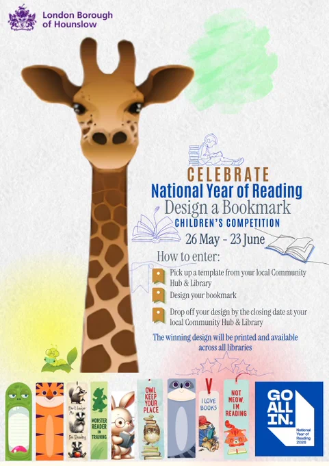 A poster to promote the libraries' competition.
Text reads: Celebrate National Year of Reading. Design a Bookmark competition 26 May to 23 June.
How to enter: Pick up a bookmark template from your local Community Hub & Library. Design your bookmark. Drop off your design before the closing date.
The winning design will be printed and available across all libraries
The "Go All In" logo is at the bottom of the page.