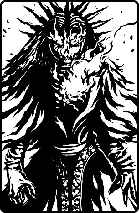 Ink drawing of The Lich, the 20th and final Crypt Stalkers creature. A powerful undead noblewoman with tattered robes, an open ribcage showing fire inside, empty glowing eye sockets, one clawed hand and one raised in invocation. Dark fantasy art