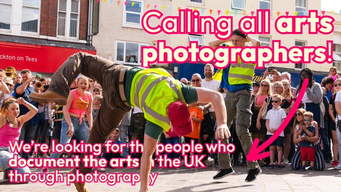 Image of two dancers in high-vis jackets in Stockton-on-Tees. Heading in cream text with pink background: Calling all arts photographers! Subtitle:  We’re looking for the people who document the arts in the UK through photography