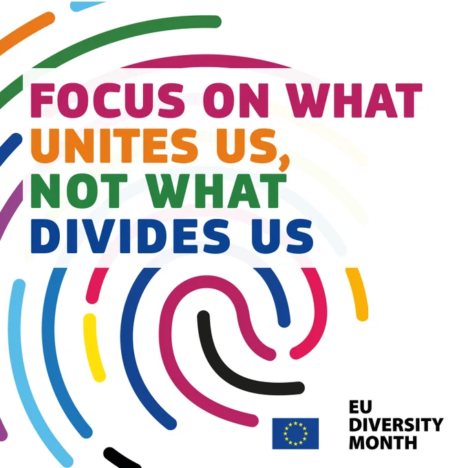 A colorful fingerprint design made of various multi-colored curved lines. Overlaid on the fingerprint is the text, "FOCUS ON WHAT UNITES US, NOT WHAT DIVIDES US" in bold capital letters, with each line in a different color (pink, orange, green, and blue). In the bottom right corner, there is the European Union flag alongside the text "EU DIVERSITY MONTH".