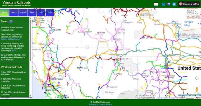 Map of historic railroads in the western USA.