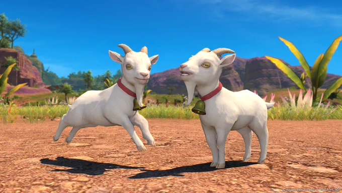 A screenshot of the Caprino minion from Final Fantasy 14 Online; two small white horned goats, with a red collar and bell around its neck. One is jumping in place while the other is standing with its mouth open.