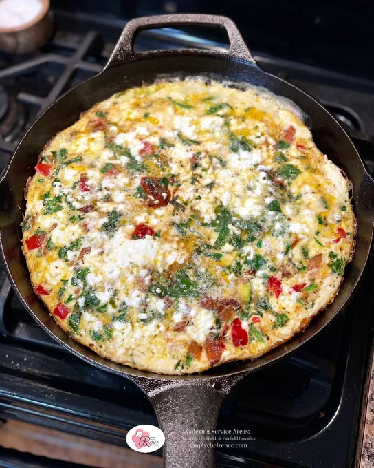 Vegetable egg white frittata with goat cheese prepared by Simply Chef Renée in a cast iron skillet featuring fresh vegetables, herbs, peppers, and creamy goat cheese. Healthy breakfast and brunch catering option for corporate meetings, wellness events, and private gatherings in Hartford, Litchfield, and Fairfield Counties, Connecticut.