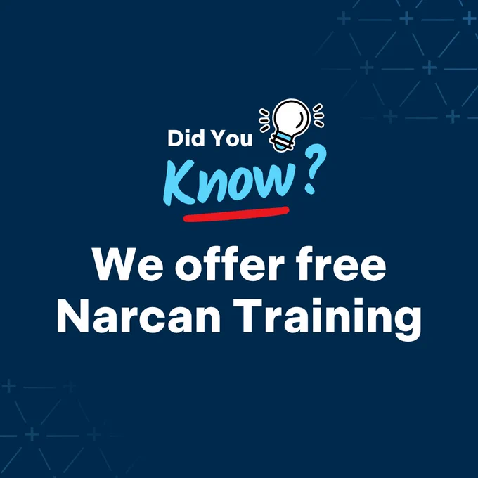 Image with text on a dark blue background. The top text reads, "Did You Know?" with a lightbulb illustration. Below, it says, "We offer free Narcan Training." Geometric line patterns decorate the edges.
