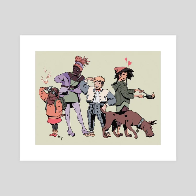 redesigned mystery inc. team. velma is short, brown skin, wears a hijab and noise-canceling headphones, daphne is tall, darkskin, and has pumpkin-bleached locs, fred is an east asian, transmasculine, muscular manlet, shaggy is a mesoamerican indigene, wears a baja hoodie, looks lovingly at fred, and scooby is a somewhat realistically proportioned great dane with a clipped tail