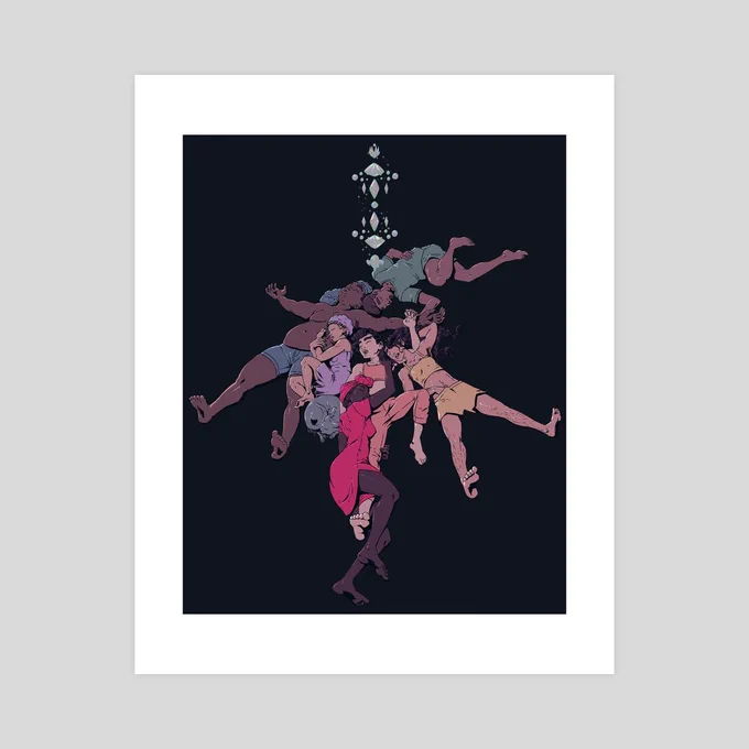 titled 'cuddle puddle': image depicts the primary cast of the webcomic 'UM' wearing ROYGBIV pajamas while peacefully sleeping intertwined with each other, a combined umbral orb reconfigured into a polyhedral crystalline formation hovers above them